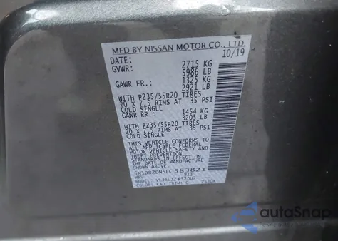 2020 Nissan Pathfinder Platinum 2Wd z USA, uszkodzony, nr VIN 5N1DR2DN5LC583821